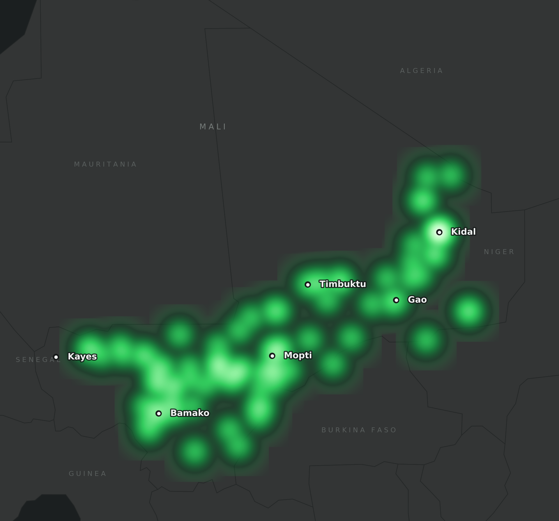 Heatmap of verified conflict events in Mali, Q2 2026