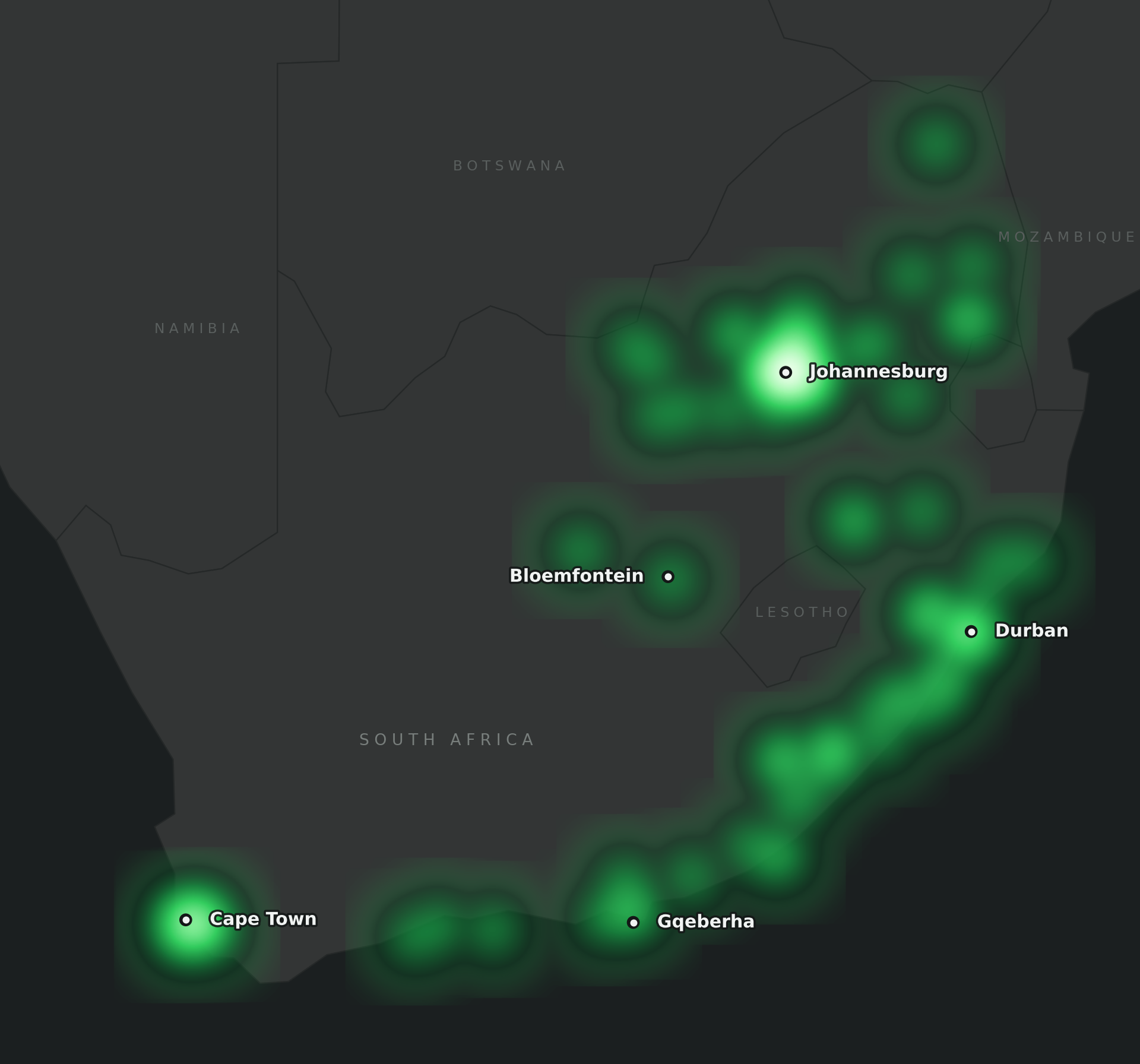 Heatmap of verified unrest events in South Africa, Q2 2026