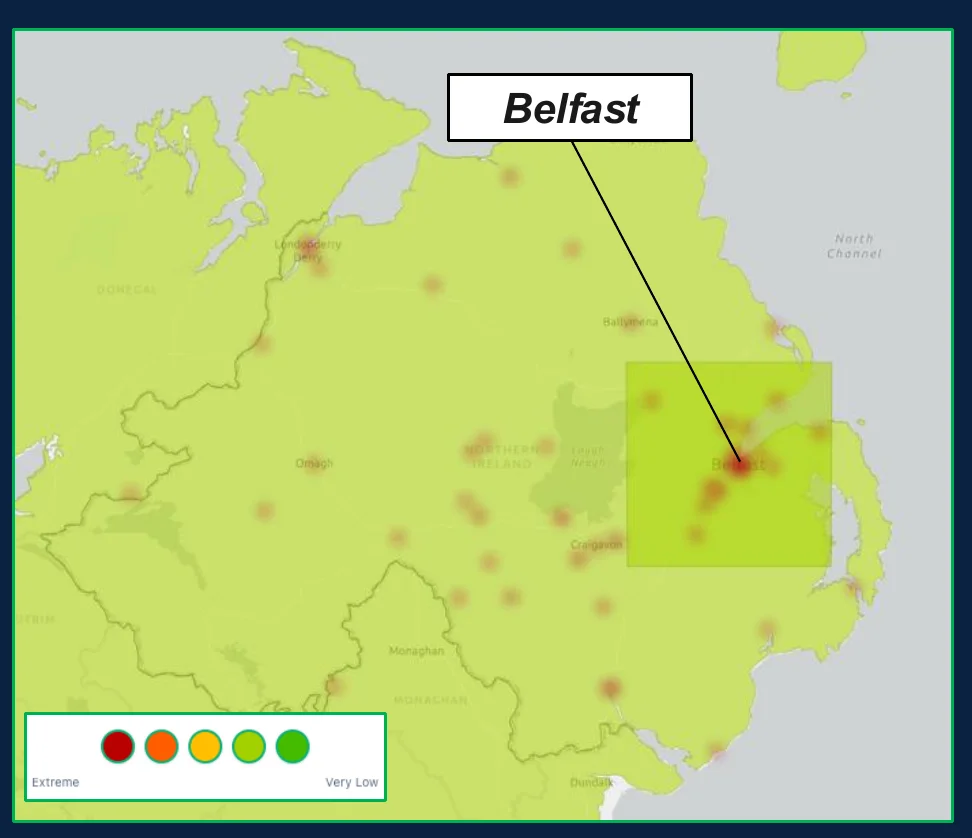 Heatmap of security and attack-centric open-source reporting across Northern Ireland over the past 60 days with Control Risks' Security Risk Rating overlay, with the strongest cluster highlighted around Belfast
