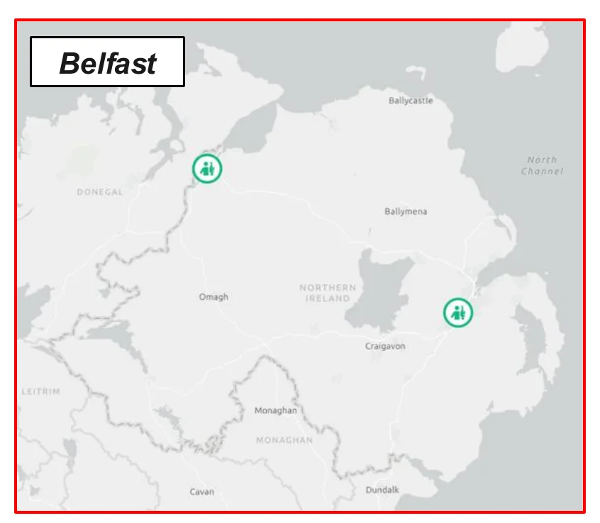 Sub-map of Northern Ireland labeled Belfast showing verified terrorism event markers around Belfast and near the border
