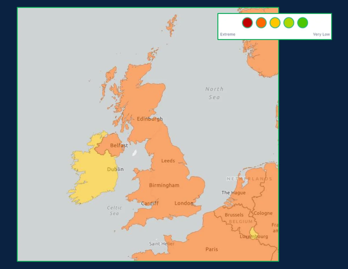 Map of the UK and Ireland shaded by Control Risks' Cyber risk rating, with most of the UK shaded high on a scale from Extreme to Very Low