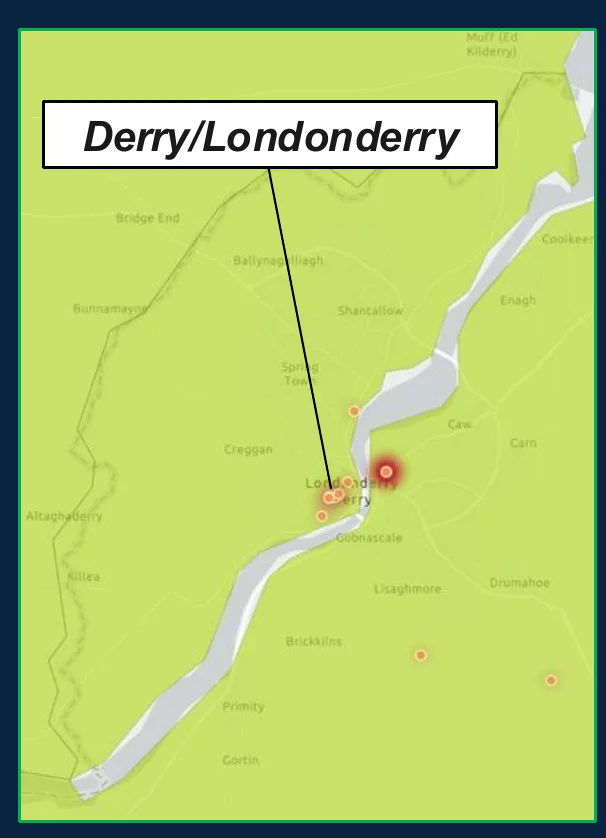 Heatmap of security and attack-centric open-source reporting over the past 60 days centered on Derry/Londonderry, Northern Ireland, with a reporting cluster in the city
