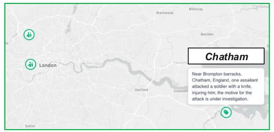 Map of recorded terrorism events around London and Chatham, with a highlighted event near Brompton barracks, Chatham, where one assailant attacked a soldier with a knife