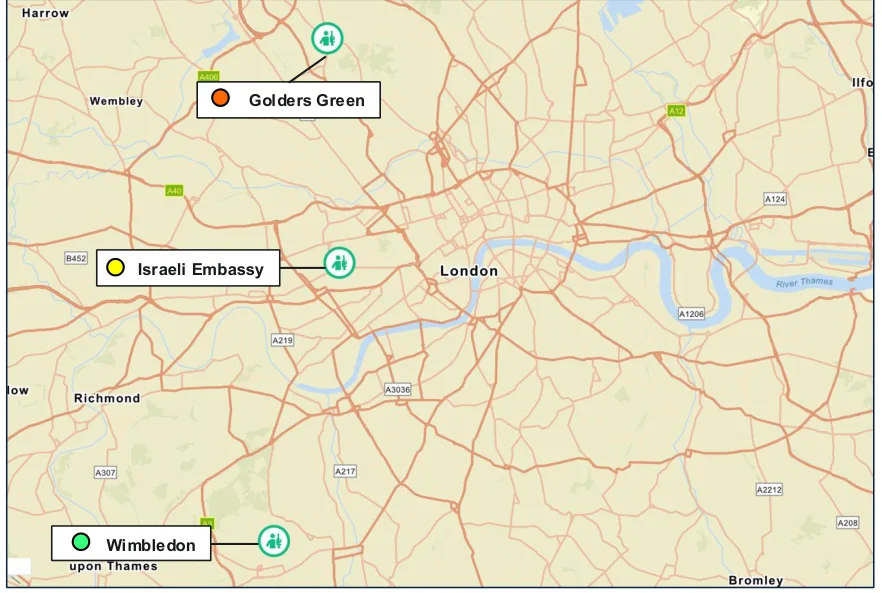 Map of London marking verified terrorism event locations at Golders Green, the Israeli Embassy, and Wimbledon