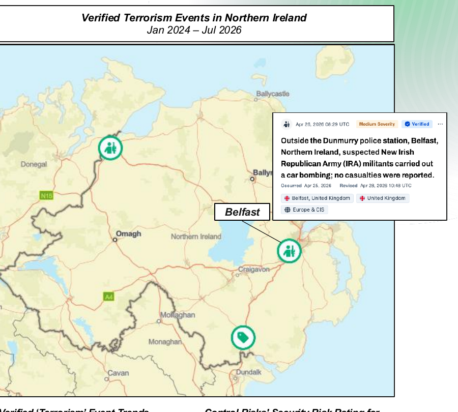 Map of verified terrorism events in Northern Ireland, January 2024 to July 2026, with markers around Belfast and near the border with the Republic of Ireland