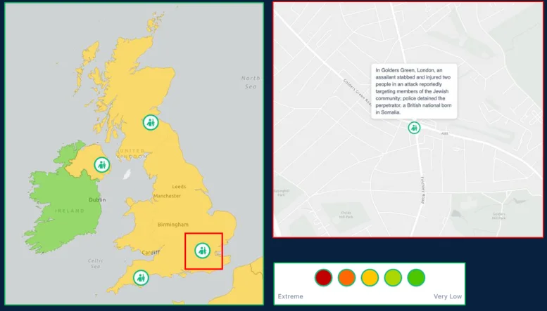 Two-panel graphic: UK map with Control Risks' Terrorism risk rating overlay and reported terrorism events January to July 2026, alongside a local map of the Golders Green, London stabbing, with a risk scale from Extreme to Very Low