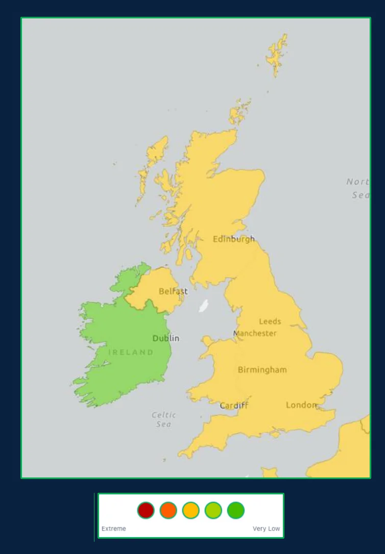 Map of the UK and Ireland shaded by Control Risks' Terrorism risk rating on a scale from Extreme to Very Low, with the UK shaded medium and the Republic of Ireland shaded low