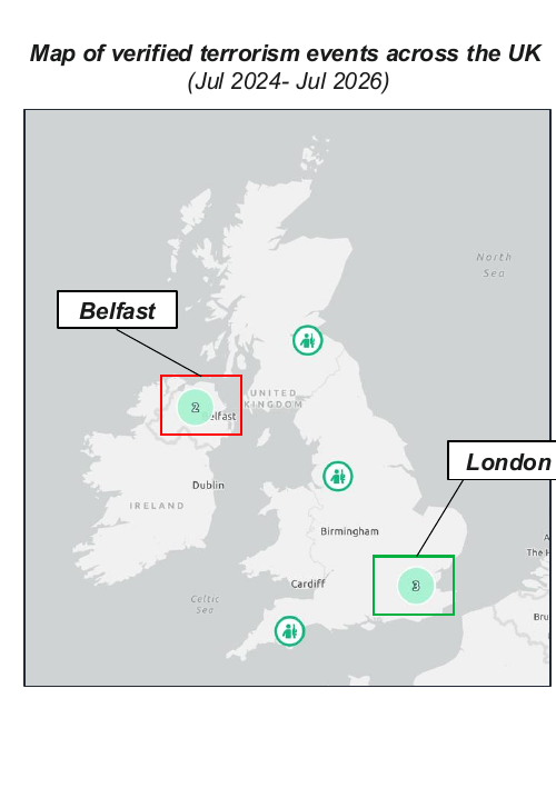 Map of verified terrorism events across the United Kingdom, July 2024 to July 2026, with clusters marked around Belfast and London