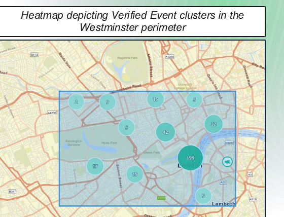 Heatmap of verified event clusters within the Westminster perimeter of London, with the largest cluster of 199 events near central London